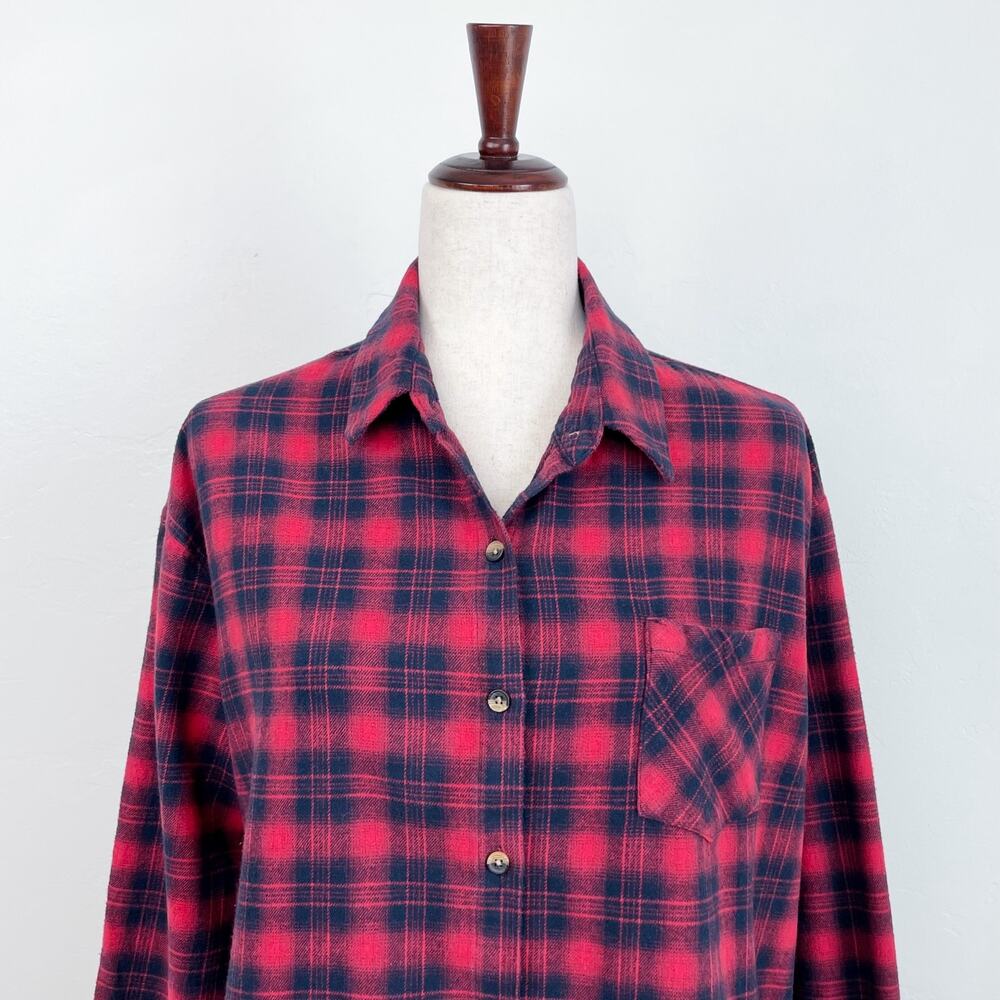 Love Notes Red Black Lumberjack Plaid Flannel Oversized Button-Up Shirt LARGE